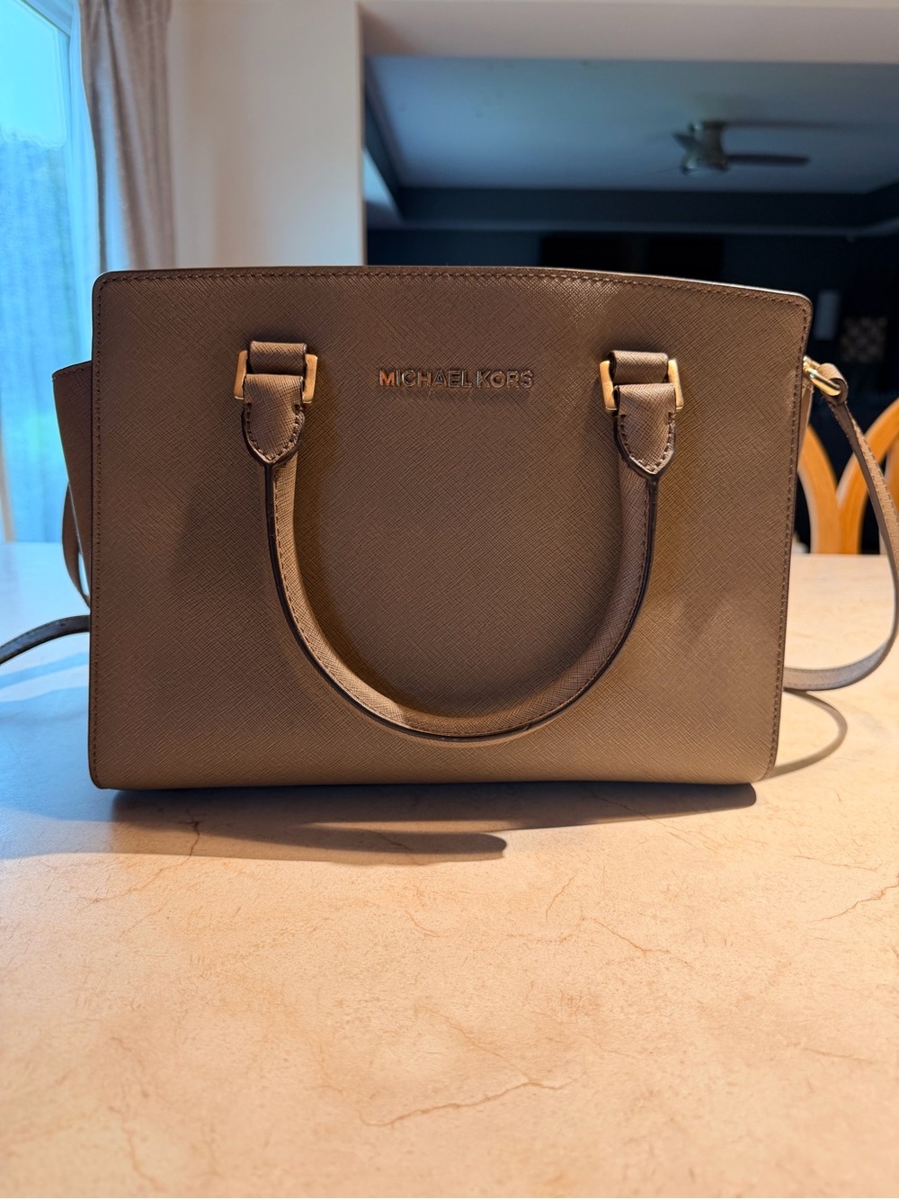 Michael Kors Saffiano Satchel in Taupe with Gold Hardware